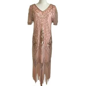 Pink Beaded Sequin Flapper Dress PS Fringe 1920s Style Art Deco Costume Party